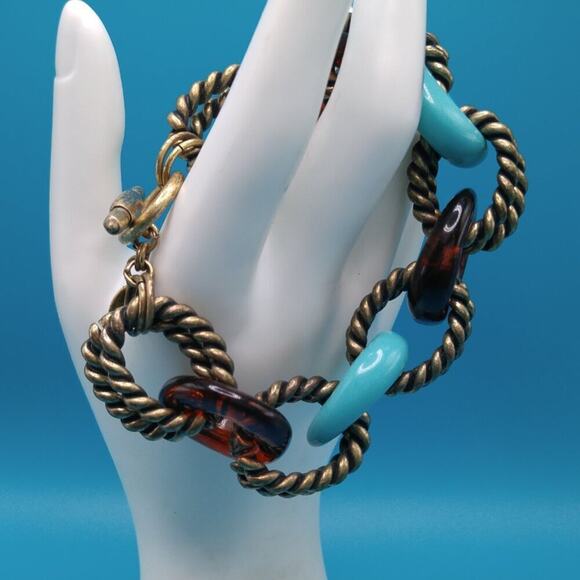 Chico’s Gold Tone Link Bracelet Faux Turquoise Tortoise Shell Toggle Clasp - Picture 6 of 6